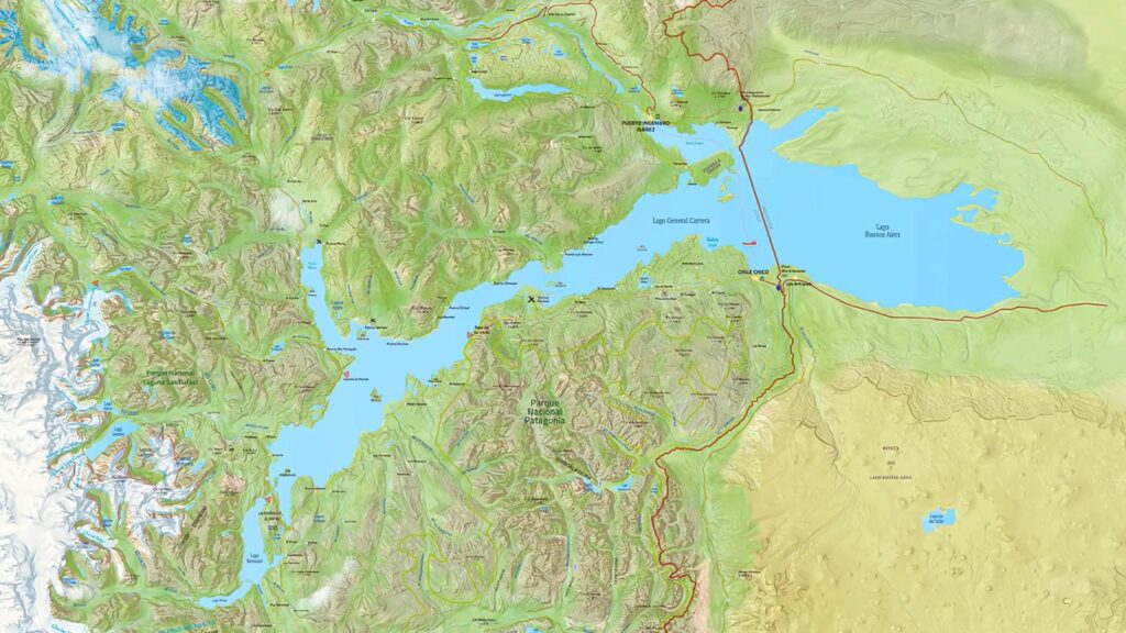 Mapa del Lago General Carrera y Lago Buenos Aires, compartido entre Chile y Argentina
